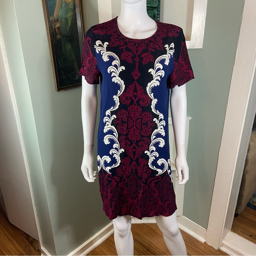 3/$12 Express Filigree Damask Tribal Navy Burgundy Mini Shift Dress Small S Zip